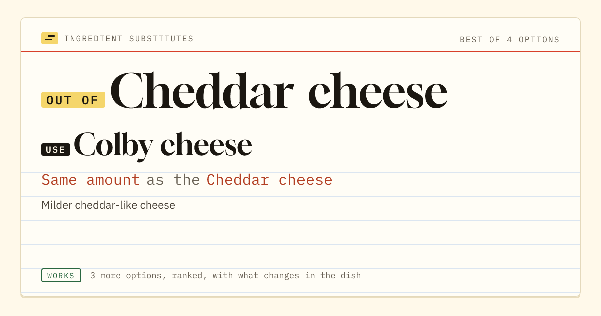 Cheddar cheese substitute: use Colby cheese. Same amount as the Cheddar cheese.