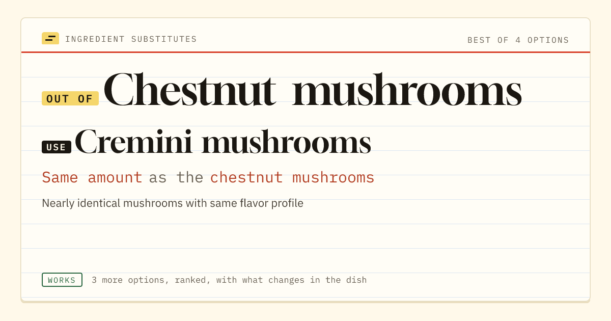 Chestnut mushrooms substitute: use cremini mushrooms. Same amount as the chestnut mushrooms.