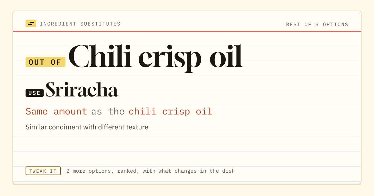 Chili crisp oil substitute: use Sriracha. Same amount as the chili crisp oil.