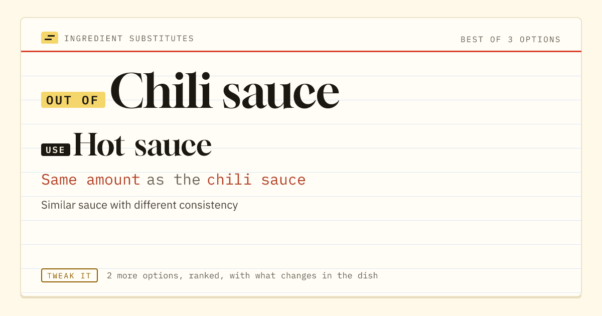 Chili sauce substitute: use hot sauce. Same amount as the chili sauce.