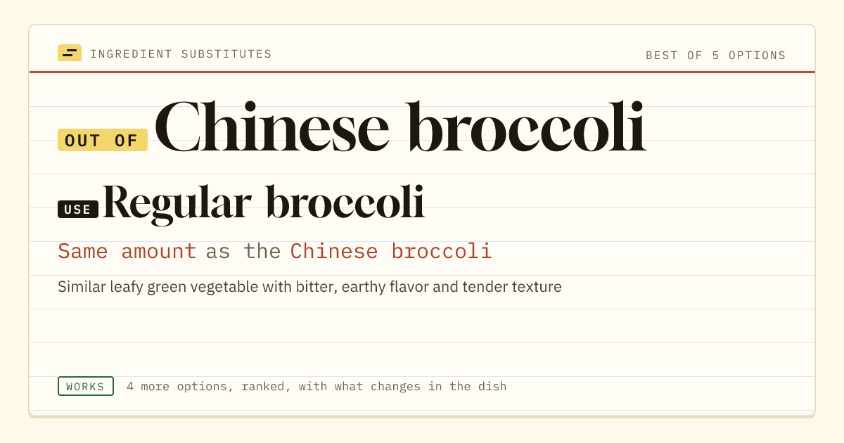 Chinese broccoli substitute: use regular broccoli. Same amount as the Chinese broccoli.