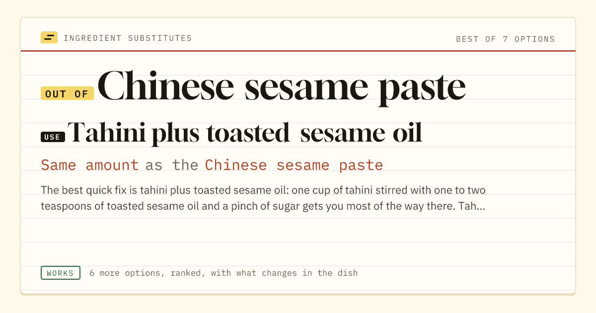Chinese sesame paste substitute: use tahini plus toasted sesame oil. Same amount as the Chinese sesame paste.