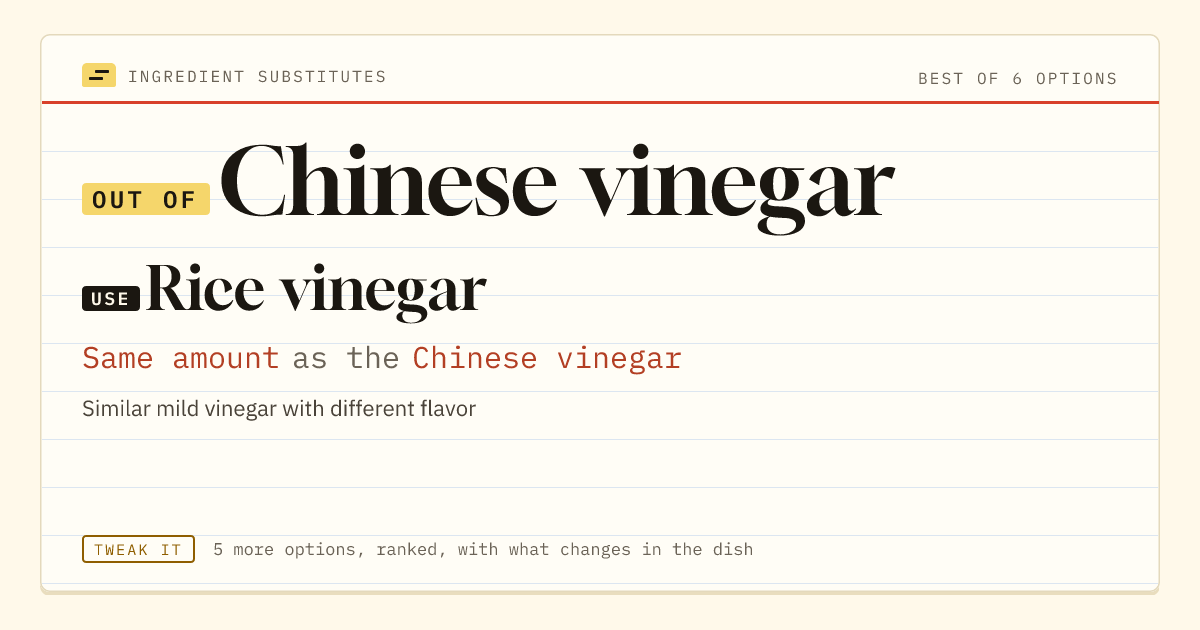 Chinese vinegar substitute: use rice vinegar. Same amount as the Chinese vinegar.