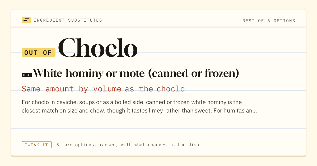Choclo substitute: use white hominy or mote (canned or frozen). Same amount by volume as the choclo.