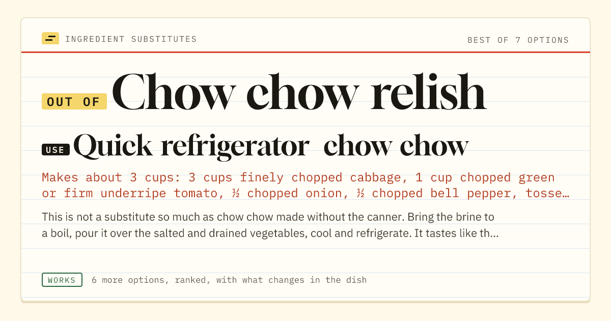 Chow chow relish substitute: use quick refrigerator chow chow.