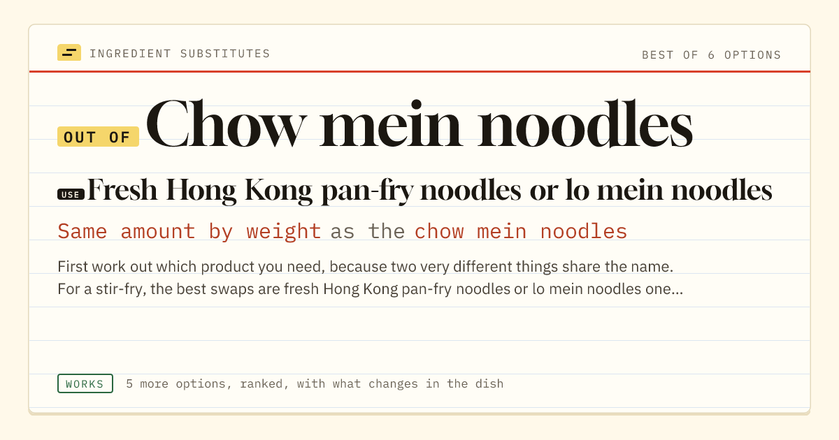 Chow mein noodles substitute: use fresh Hong Kong pan-fry noodles or lo mein noodles. Same amount by weight as the chow mein noodles.