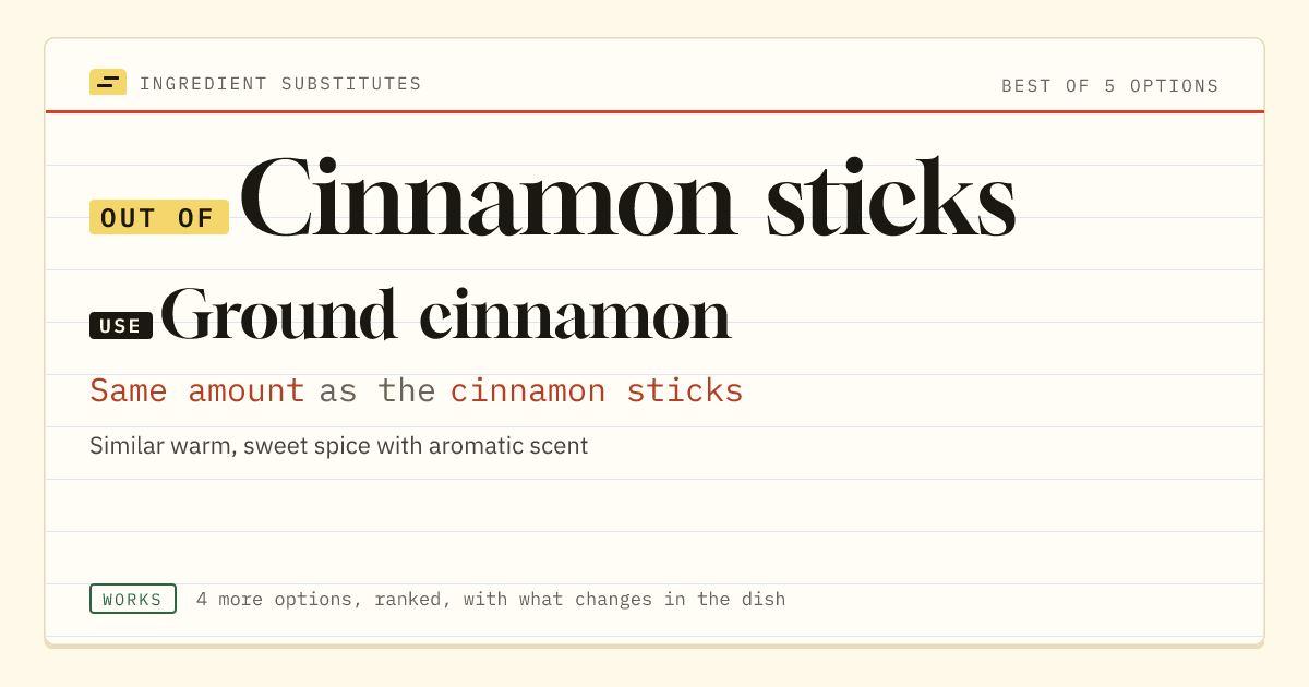 Cinnamon sticks substitute: use ground cinnamon. Same amount as the cinnamon sticks.