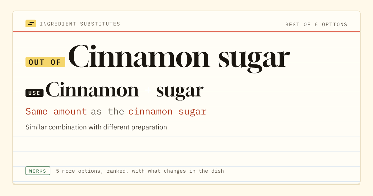 Cinnamon sugar substitute: use cinnamon + sugar. Same amount as the cinnamon sugar.