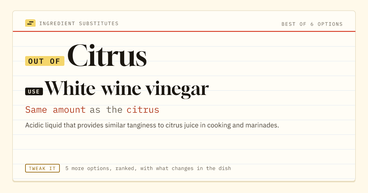 Citrus substitute: use white wine vinegar. Same amount as the citrus.