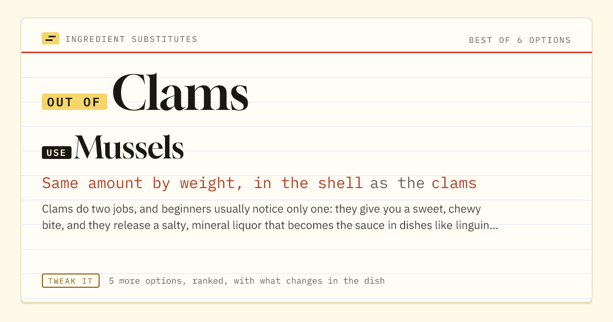Clams substitute: use mussels. Same amount by weight, in the shell as the clams.