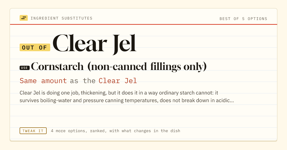 Clear Jel substitute: use cornstarch (non-canned fillings only). Same amount as the Clear Jel.