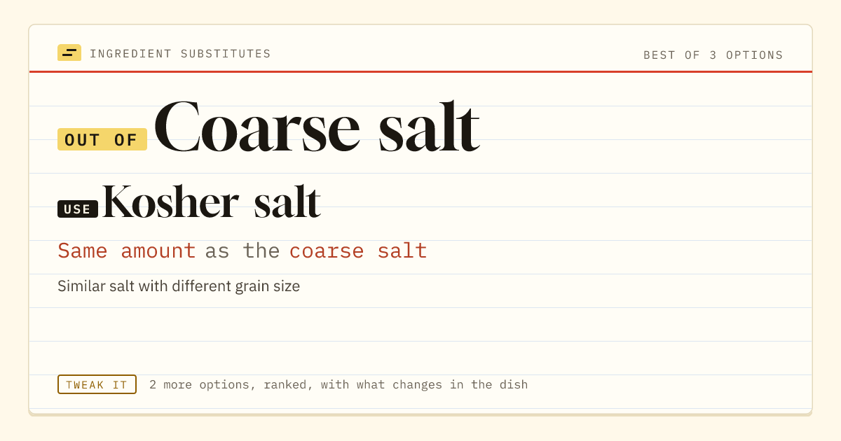 Coarse salt substitute: use kosher salt. Same amount as the coarse salt.