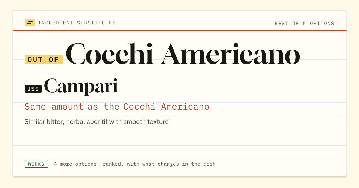 Cocchi Americano substitute: use Campari. Same amount as the Cocchi Americano.
