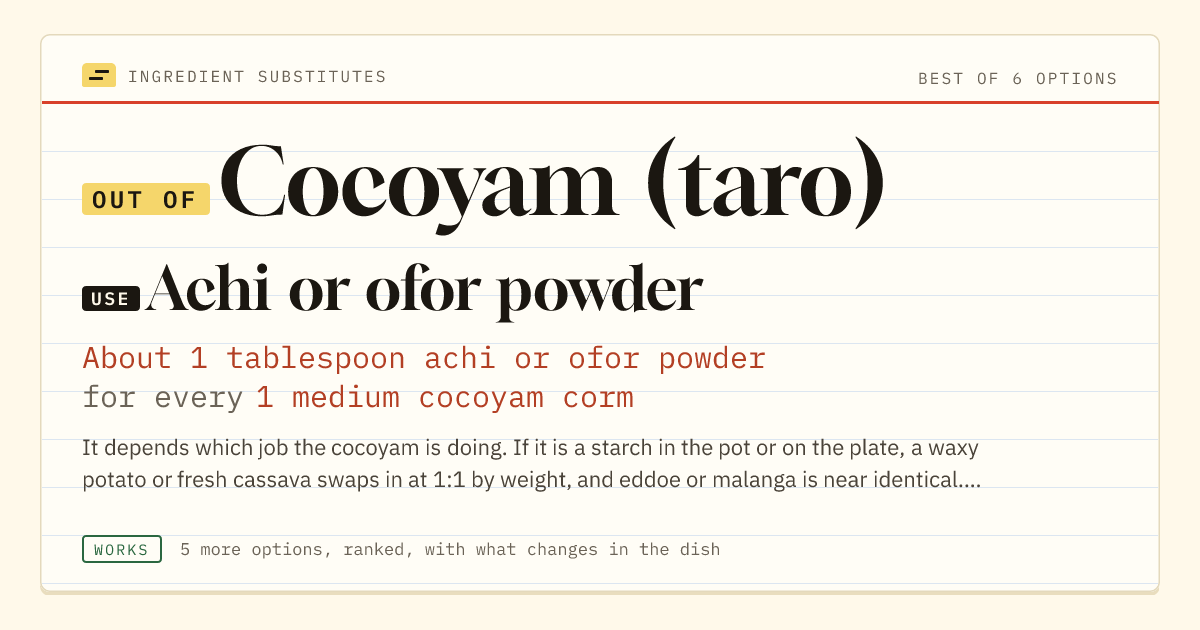 Cocoyam (taro) substitute: use achi or ofor powder. About 1 tablespoon achi or ofor powder for every 1 medium cocoyam corm.