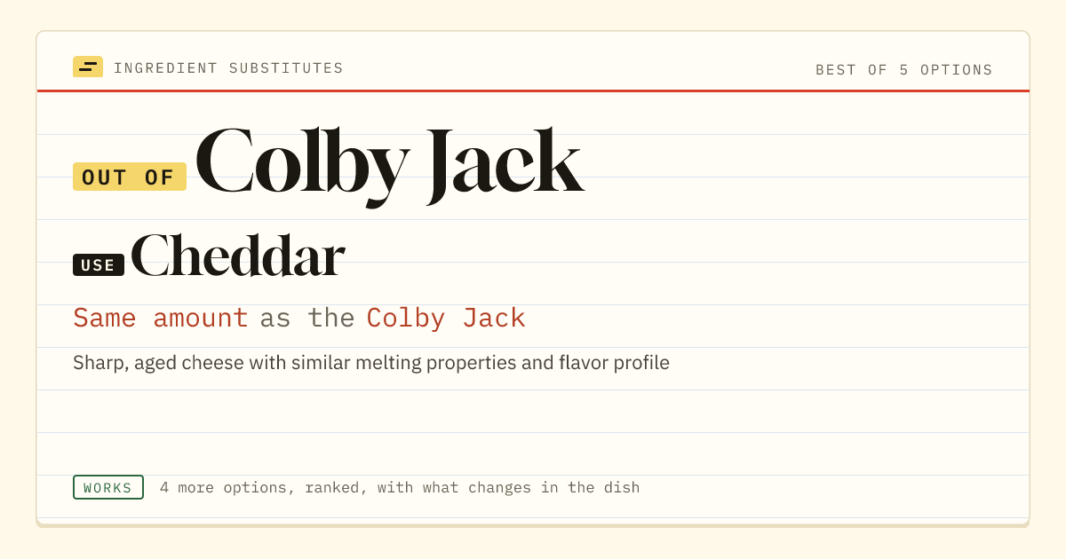 Colby Jack substitute: use Cheddar. Same amount as the Colby Jack.