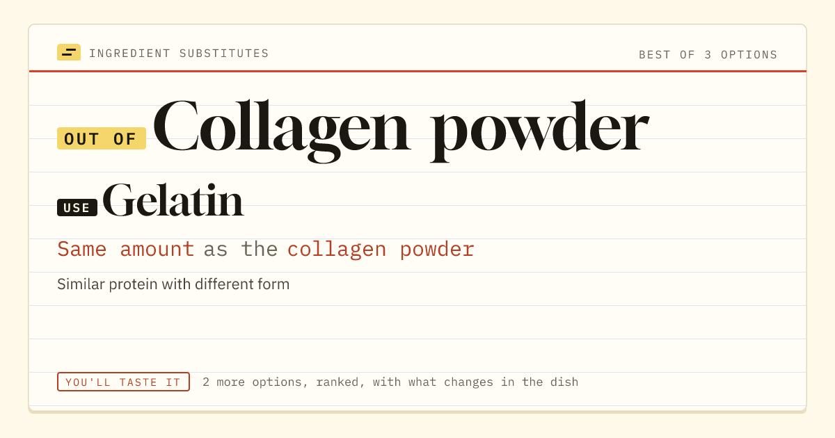 Collagen powder substitute: use gelatin. Same amount as the collagen powder.