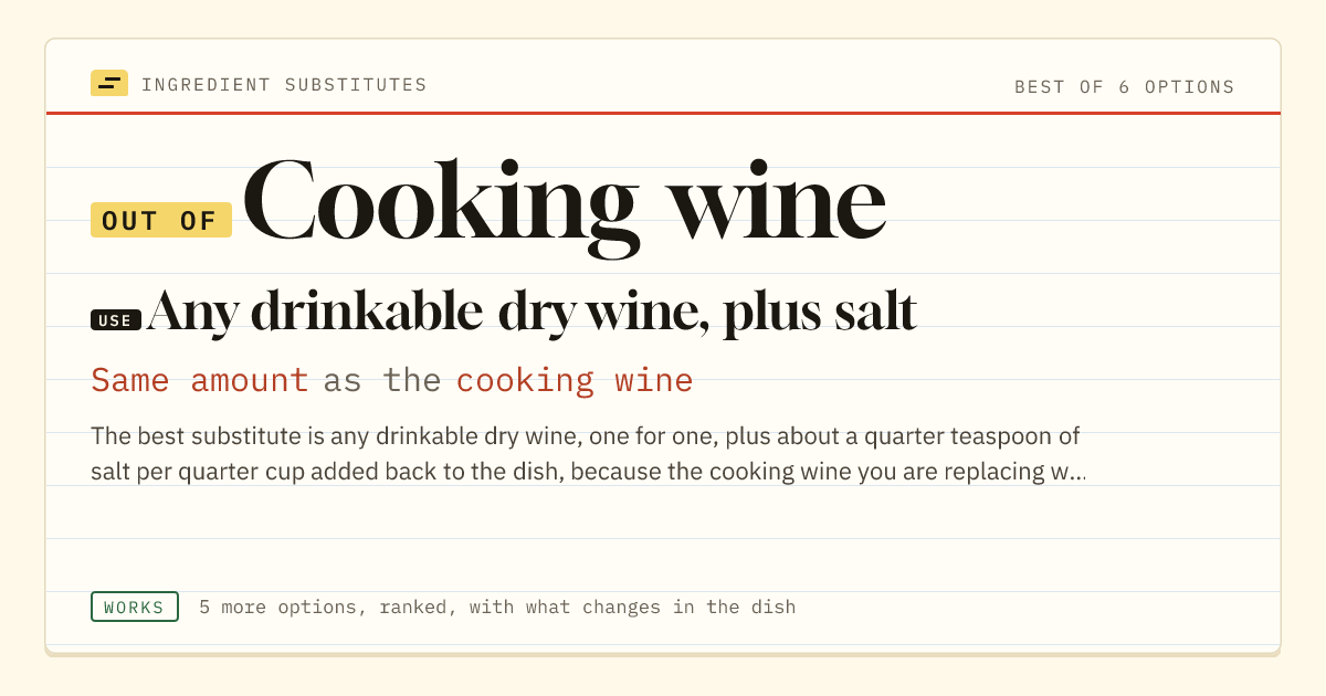 Cooking wine substitute: use any drinkable dry wine, plus salt. Same amount as the cooking wine.