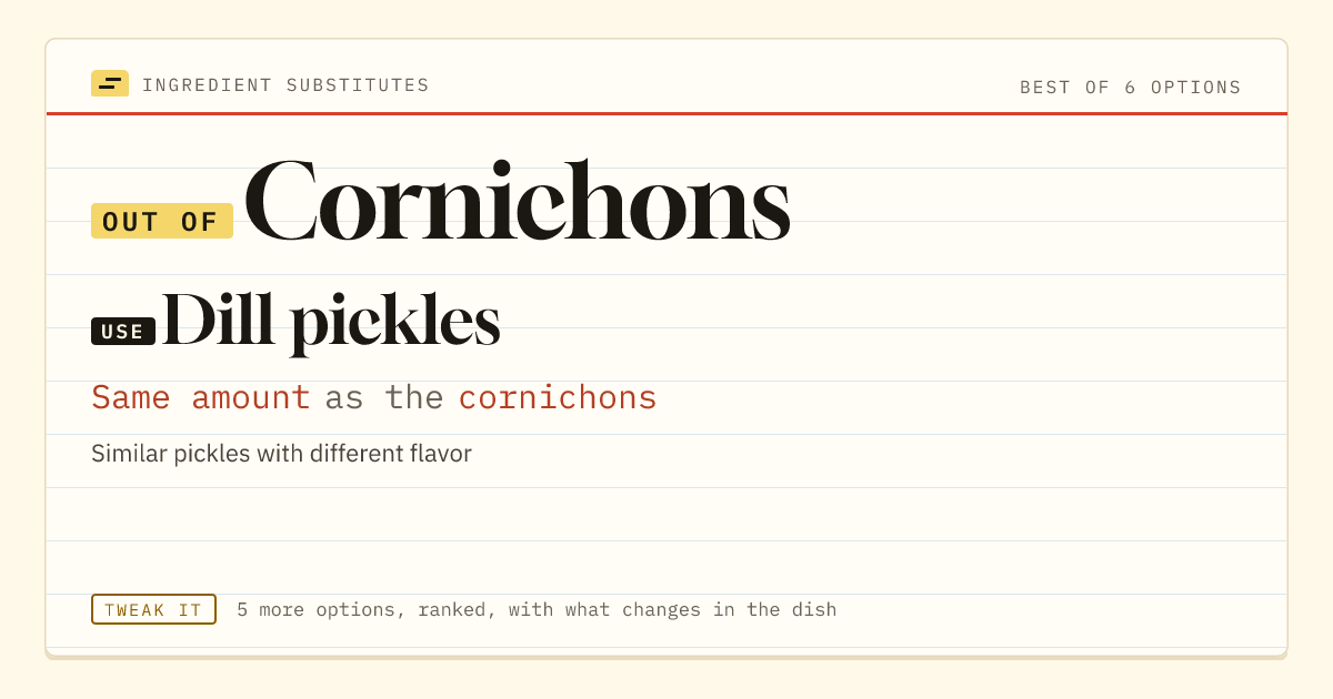 Cornichons substitute: use dill pickles. Same amount as the cornichons.