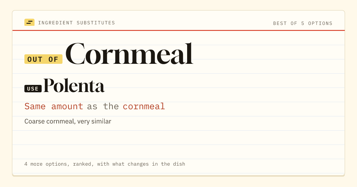 Cornmeal substitute: use polenta. Same amount as the cornmeal.