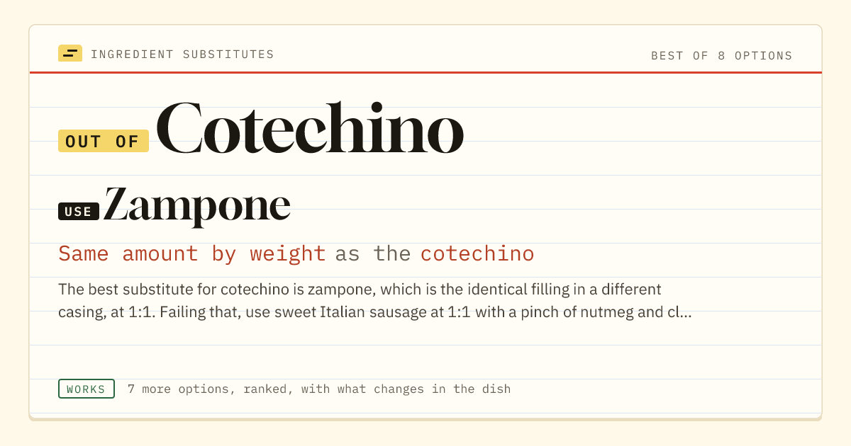 Cotechino substitute: use zampone. Same amount by weight as the cotechino.