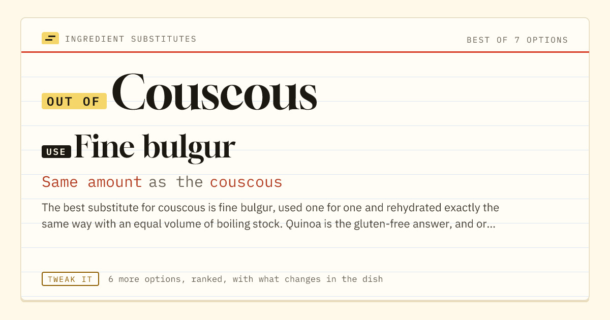 Couscous substitute: use fine bulgur. Same amount as the couscous.