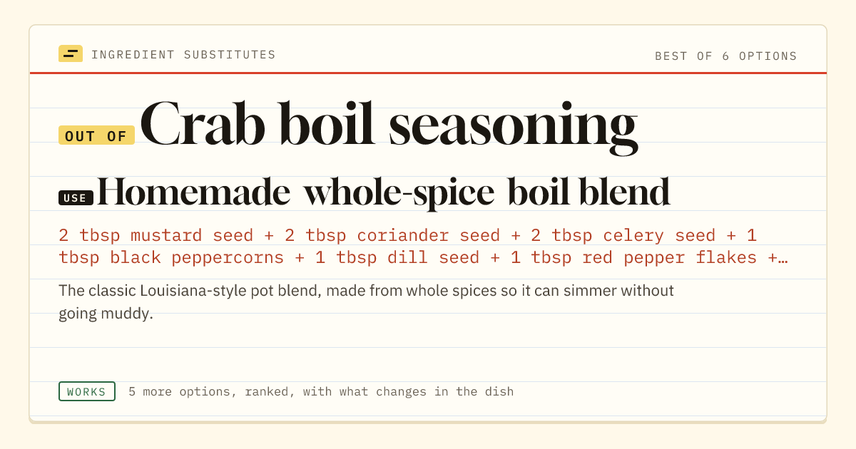 Crab boil seasoning substitute: use homemade whole-spice boil blend.