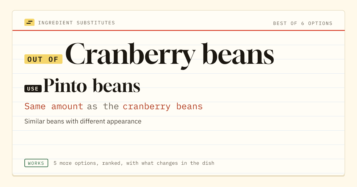 Cranberry beans substitute: use pinto beans. Same amount as the cranberry beans.