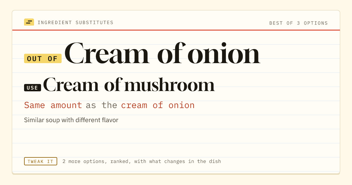 Cream of onion substitute: use cream of mushroom. Same amount as the cream of onion.