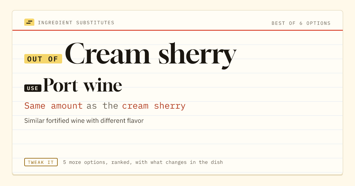 Cream sherry substitute: use port wine. Same amount as the cream sherry.