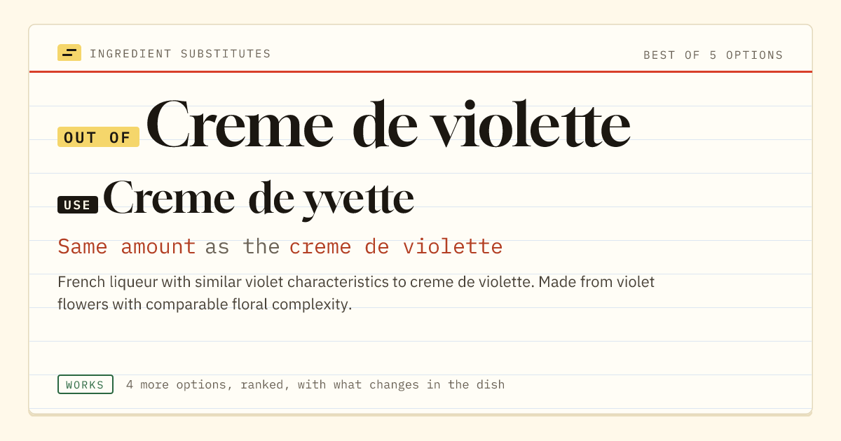 Creme de violette substitute: use creme de yvette. Same amount as the creme de violette.