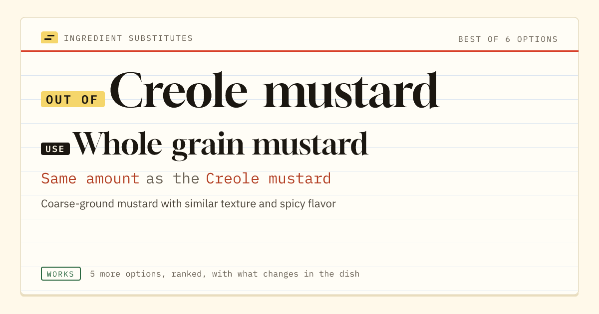 Creole mustard substitute: use whole grain mustard. Same amount as the Creole mustard.