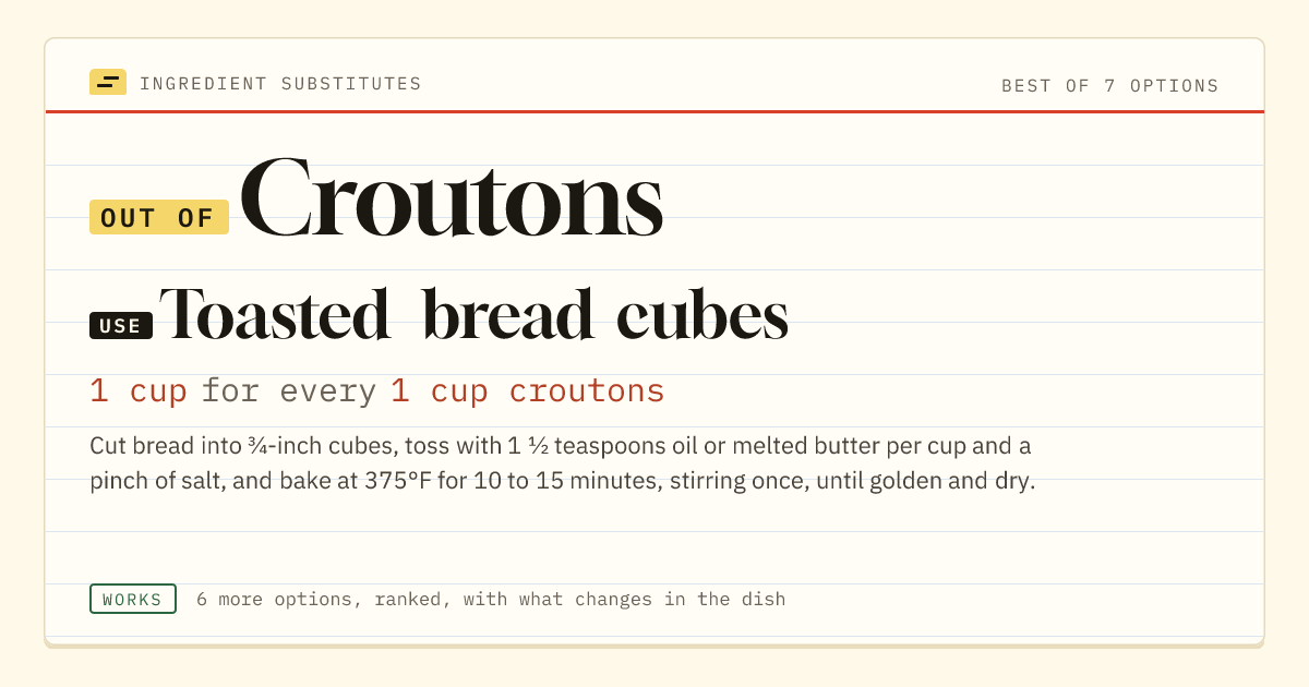 Croutons substitute: use toasted bread cubes. 1 cup for every 1 cup croutons.