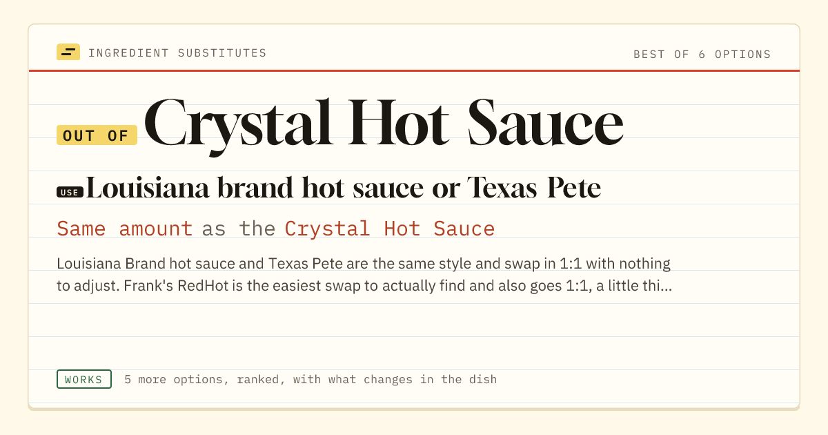 Crystal Hot Sauce substitute: use Louisiana brand hot sauce or Texas Pete. Same amount as the Crystal Hot Sauce.