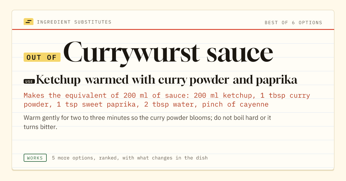 Currywurst sauce substitute: use ketchup warmed with curry powder and paprika.