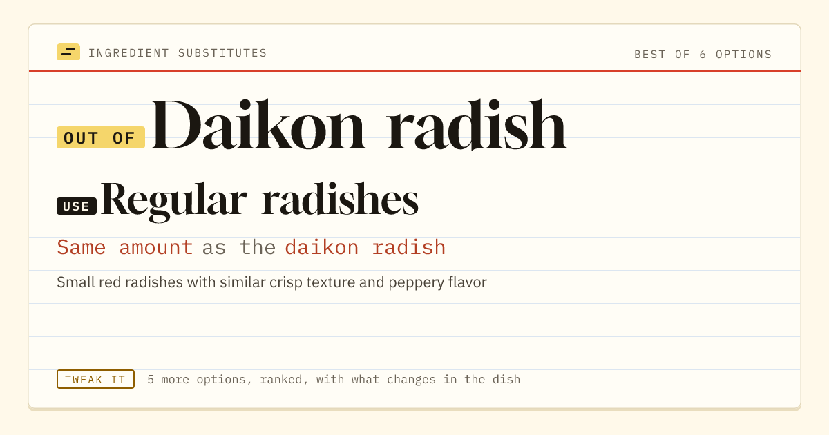 Daikon radish substitute: use regular radishes. Same amount as the daikon radish.