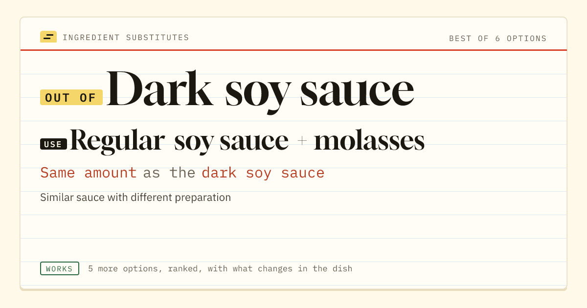Dark soy sauce substitute: use regular soy sauce + molasses. Same amount as the dark soy sauce.