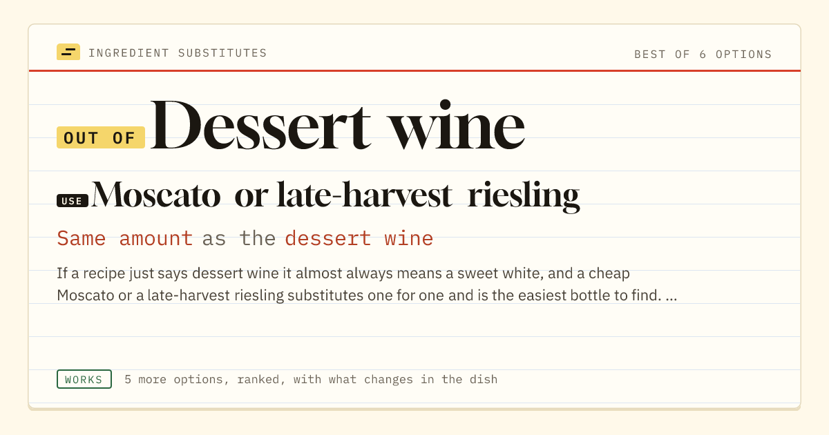 Dessert wine substitute: use Moscato or late-harvest riesling. Same amount as the dessert wine.