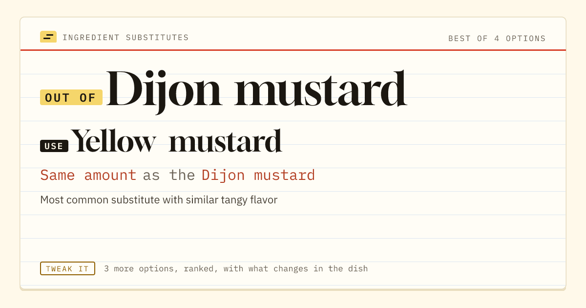 Dijon mustard substitute: use yellow mustard. Same amount as the Dijon mustard.