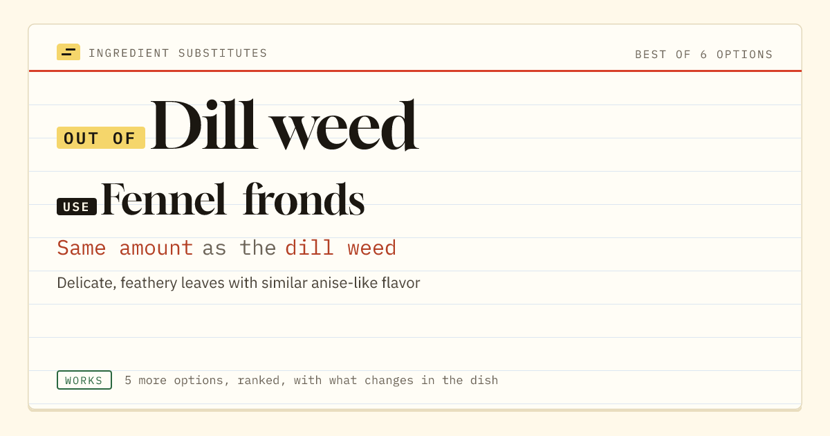 Dill weed substitute: use fennel fronds. Same amount as the dill weed.