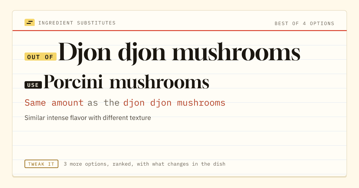 Djon djon mushrooms substitute: use porcini mushrooms. Same amount as the djon djon mushrooms.
