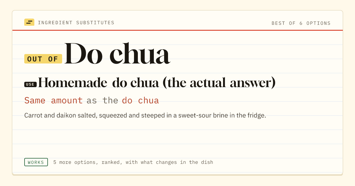 Do chua substitute: use homemade do chua (the actual answer). Same amount as the do chua.