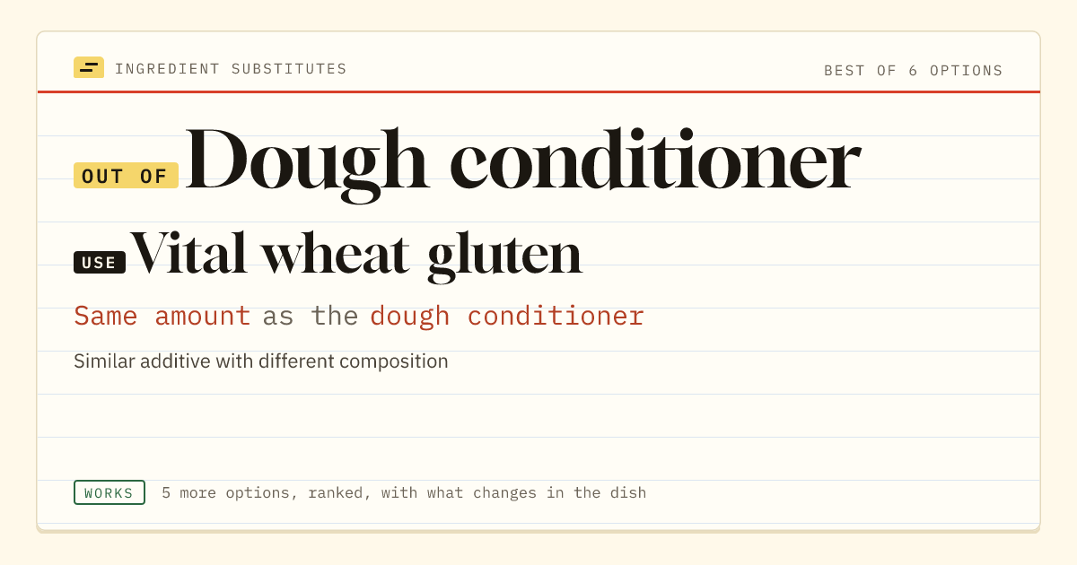 Dough conditioner substitute: use vital wheat gluten. Same amount as the dough conditioner.