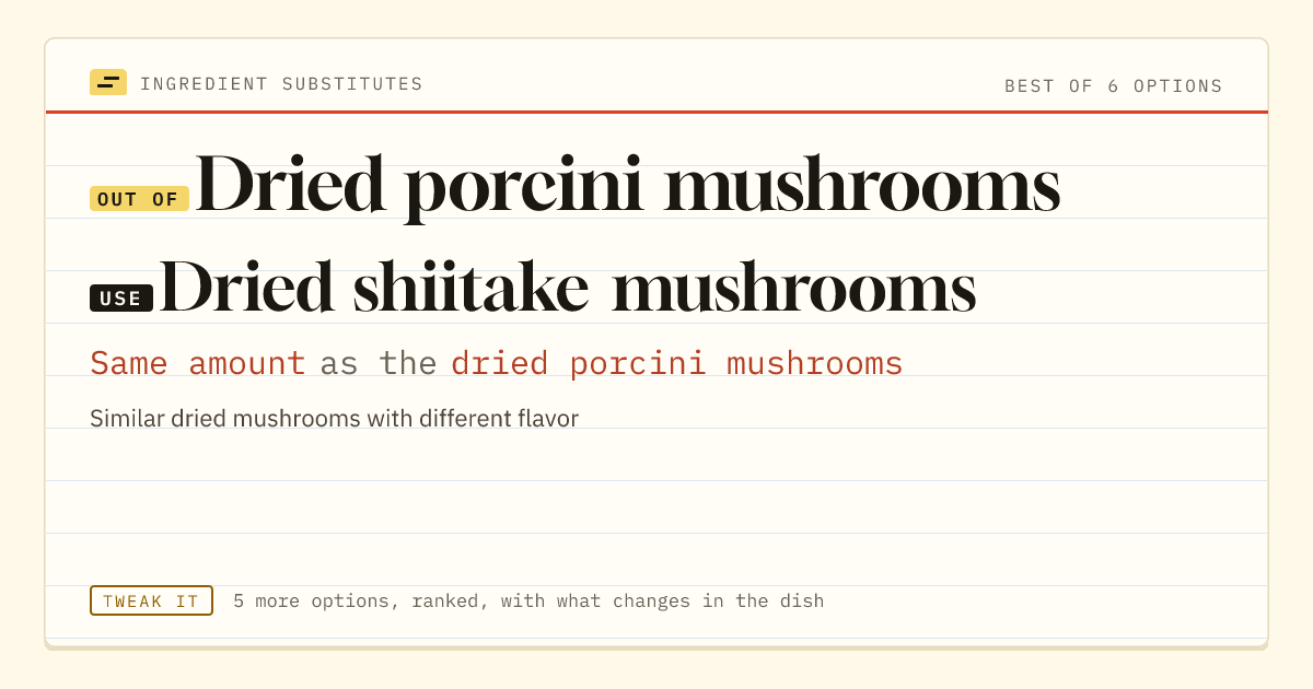 Dried porcini mushrooms substitute: use dried shiitake mushrooms. Same amount as the dried porcini mushrooms.