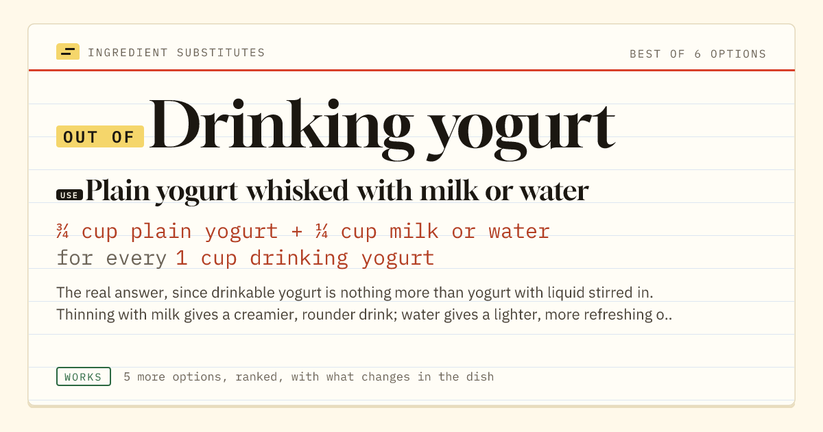 Drinking yogurt substitute: use plain yogurt whisked with milk or water. ¾ cup plain yogurt + ¼ cup milk or water for every 1 cup drinking yogurt.