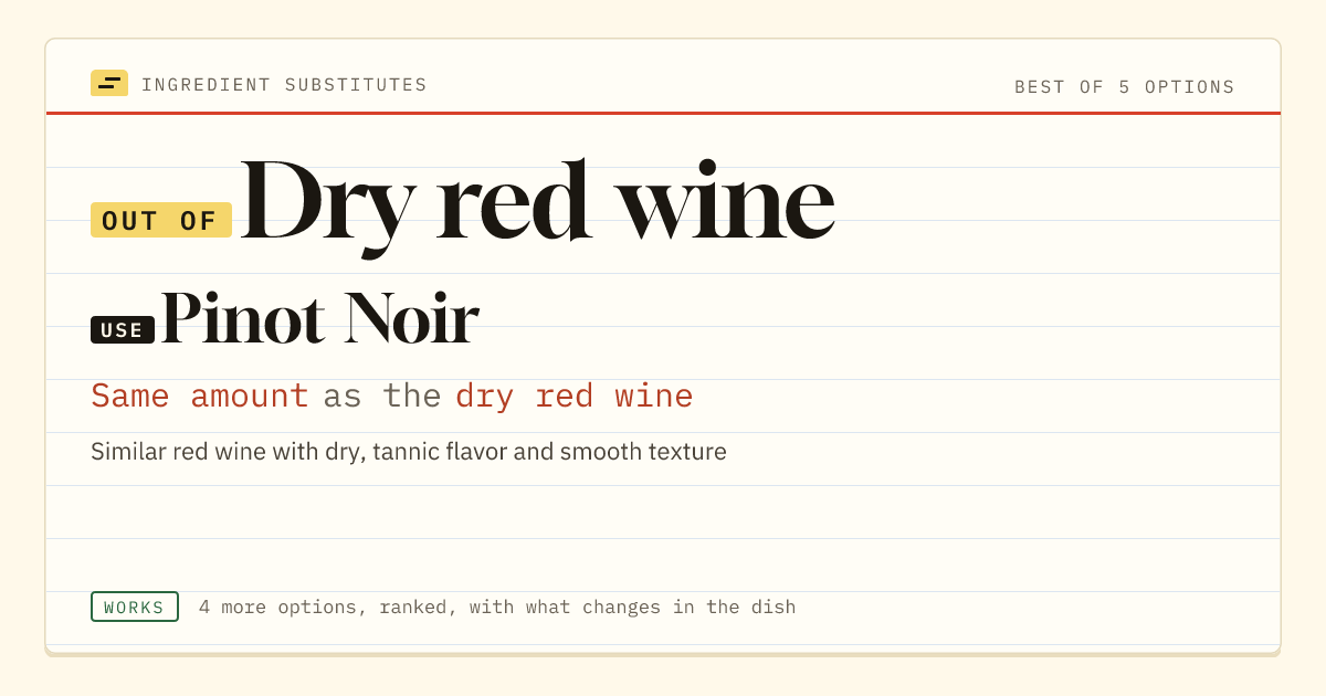 Dry red wine substitute: use Pinot Noir. Same amount as the dry red wine.