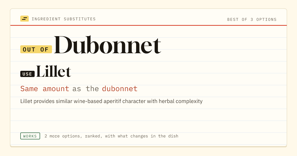 Dubonnet substitute: use Lillet. Same amount as the dubonnet.