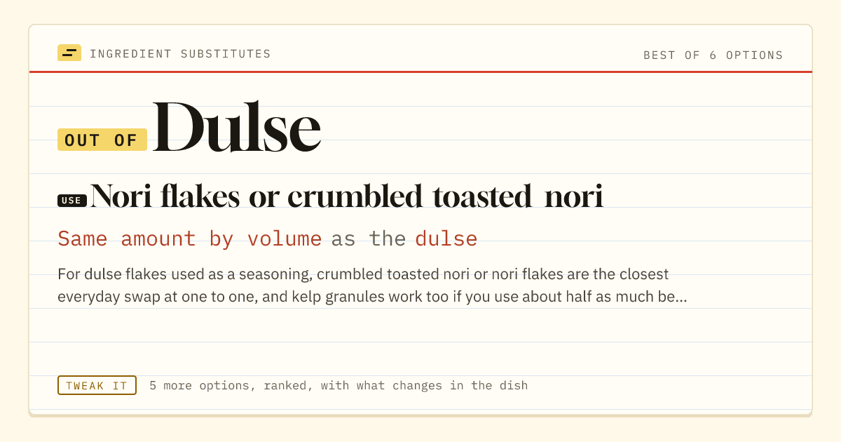 Dulse substitute: use nori flakes or crumbled toasted nori. Same amount by volume as the dulse.