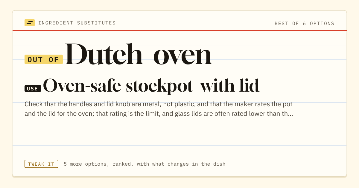 Dutch oven substitute: use oven-safe stockpot with lid.