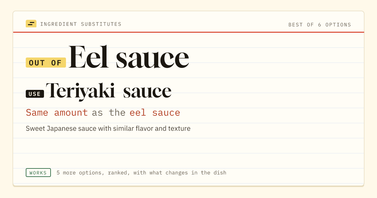 Eel sauce substitute: use teriyaki sauce. Same amount as the eel sauce.