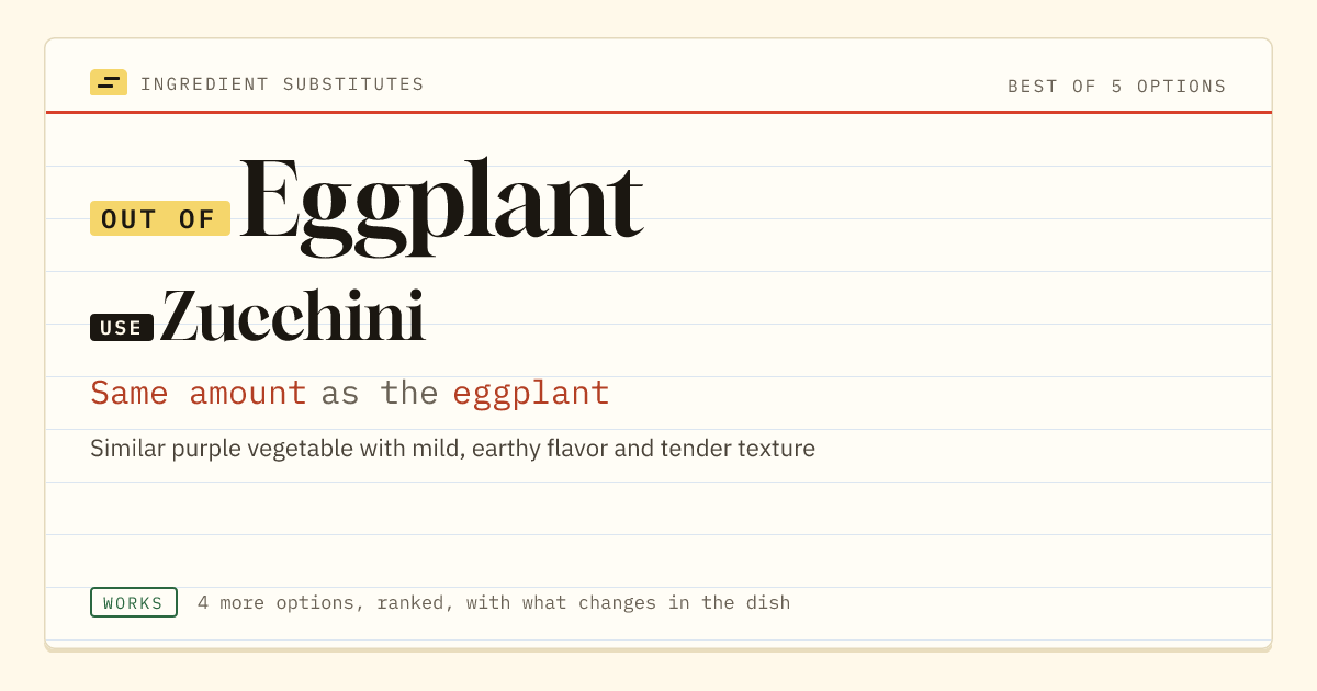 Eggplant substitute: use zucchini. Same amount as the eggplant.